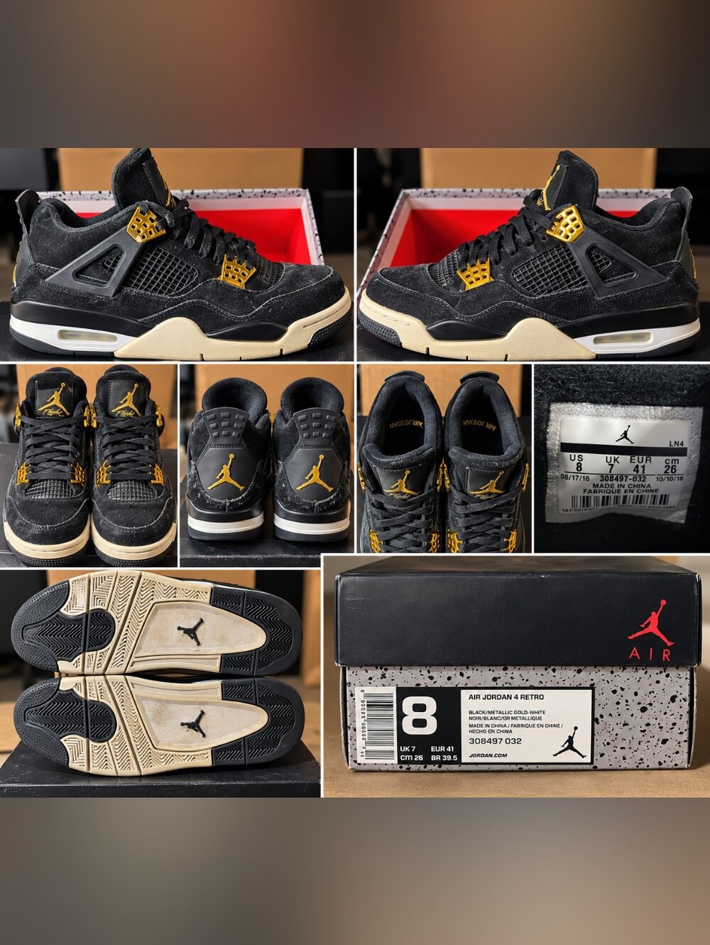 Air Jordan 4 Retro Royalty Black Metallic Gold White 2017 Men’s Size 8 308497-03